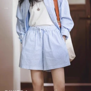 Maden Damen blau weiß gestreiftes Hemd und Shorts Sets locker lässig Französisch klassischen Sommer anzug elegant passend zweiteilig Set