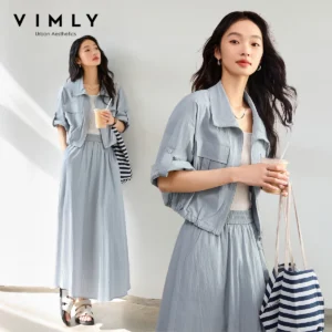 VIMLY Damen-Rocksets 2026 Grau und Blau Pendler-Rockanzüge Damen-Outfits Sommer Kurzarm Crop-Jacke Langer Rock M8106