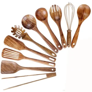 LMETJMA 10er-Pack Küchenutensilien-Set aus natürlichem Teakholz, Holzlöffel, Spatel, Kochutensilien-Set zum Kochen, Backen, JT503