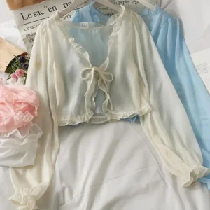 Frauen Sommer Sonnenschutz Mantel Spitze Bogen Rüschen Strickjacke Hemd Weibliche Bluse Tops für Frau Abdeckungen Blusa Weiß Y2K Koreanische hemd