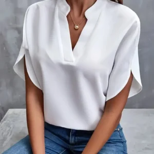 VEITCHE Sommer Frauen Casual Solide Bluse Frauen Mode V-ausschnitt Halbe Hülse Shirts Büro Elegante Pullover Lose Blusas Tops
