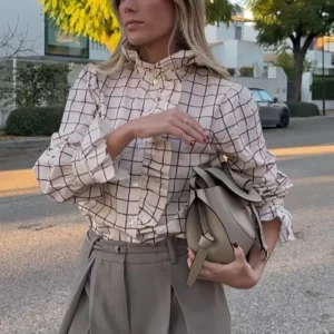 Süße Frauen Rüschen Plaid Lila Shirts 2025, Mode Damen Casual Stehkragen Blusen für Party Weibliche Elegante Tops Kleidung