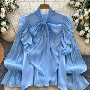 Damenbluse, elegante Chiffonbluse mit Schleifendetails und Rüschensaum, leichtes Layering-Oberteil für Frühling und Sommer, Blusa-Top BL341