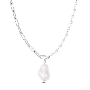 925 Sterling Silber Barock-Perlen-Anhänger Halskette für Damen Asymmetrische Büroklammer-Perlenkette Schlüsselbein-Halskette Schmuck Geschenk