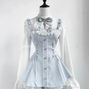 Frauen Kleidung Kleid Anzug Zwei Stück Sets Roupas Femme Lolita Stil Schlanke Taille Bogen Spitze Süße Kleider Outfits Japanische Nette set