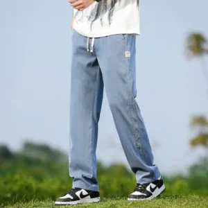 Herren-Jeans aus weichem Lyocell-Stoff für den Sommer, dünne, lockere, gerade Denim-Hose, elastische Taille mit Kordelzug, Freizeithose in Übergröße M-5XL