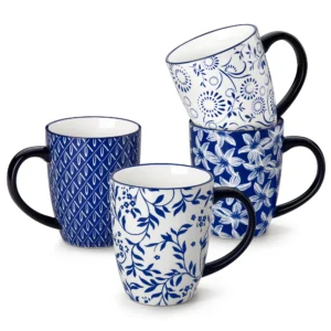 vancasso Selene Kaffeetassen-Set mit 4 Porzellanbechern, 480 ml Kaffeetassen mit Henkel, Tassen für Kaffee, Milch, Tee & Kakao, Vintage Blau/Weiß