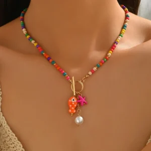 Bohemian Seestern Anhänger Halskette mit OT Schnalle Frauen handgemachte Reis Perlen Keramik Fisch Halsband Halskette Strand Schmuck Geschenke
