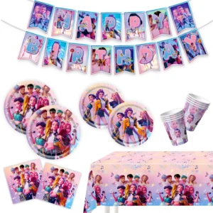 Kpop Dämonenjäger Geburtstagsparty Dekorations-Set Süßigkeiten Geschenktüten Tischgeschirr Teller Becher Servietten Tischdecke Zubehör-Kit
