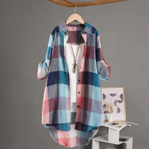 Kariertes Hemd für Damen, lässige Blusen, Damenoberteile für Damen, langärmelig, langärmelig, schicke Bluse, karierte Leinen-Baumwollkleidung