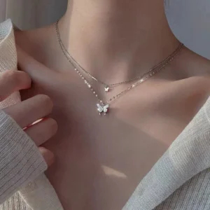 Neue Glänzende Schmetterling Halskette Für Frauen Damen Exquisite Doppel Schicht Schlüsselbein Kette Anhänger Halskette Mode Schmuck Geschenk