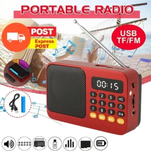 Tragbarer FM-Radioempfänger, wiederaufladbares Radio, TF, MP3, USB-Musik-Player mit LCD-Display, LED-Taschenlampe, Mini-Bluetooth-Lautsprecher ﻿