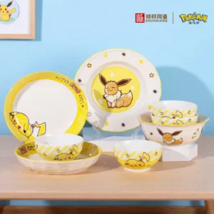 SHUNXIANG Pokemon Keramik-Geschirrset Niedliches Cartoon-Muster Suppenschüssel Teller Dinner-Sets Salat Pasta Mikrowellengeeignete Schüsseln Set