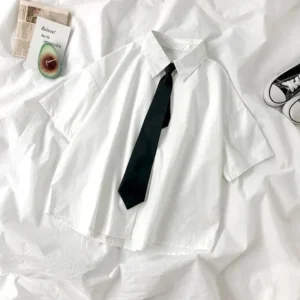 Weißes Hemd für Damen, Blusas, kurzärmelig, Reversbluse mit Krawatte, japanische Mode, Student, Sommer, Alltag, College-Stil