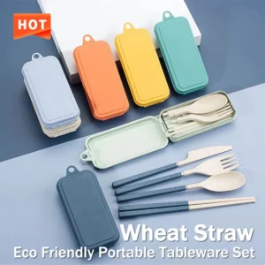 4Pcs Tragbare Geschirr Set Weizen Stroh Geschirr Abnehmbare Besteck Reise Geschirr Picknick Geschirr Set Camping Besteck Set