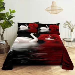 Bedding Flat Sheet Bed Sheet Set Flower Queen Sheet Set White Swan Girl, Lady's Room Bedding Set Bed Sheets and Pillowcases