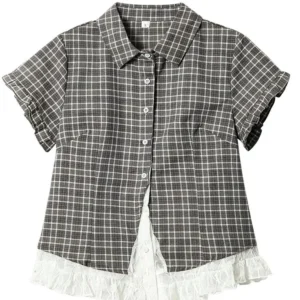 Spitzen-Patchwork Kariertes Hemd Damen Sommer Süße Kurzarm Vintage Bluse Schlanke Süße Retro Japan Kawaii Weibliche Niedliche Lässige Oberteile