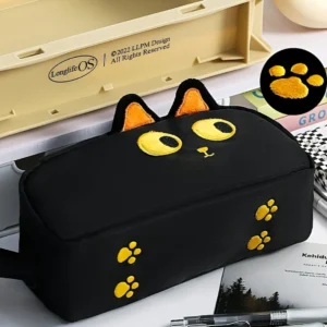 Niedliches 3D-Federmäppchen mit schwarzer Katze, großes Fassungsvermögen, Polyester-Schulbedarf, süßes Katzenliebhaber-Geschenk für Studenten und Büro (Pfoten-Design)