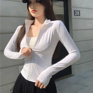2026 Sommer Slim Fit Langarm-T-Shirt für Damen mit Reißverschluss, Taillenformend, Yoga-T-Shirt, Eng Anliegend, UV-Schutz, Crop-Top