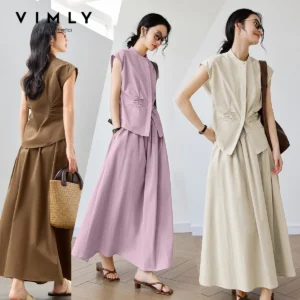 VIMLY Damen Casual Minimalistisches Rock-Set 2026 Sommer Neu Rundhals Ärmelloses Top Elastische Taille Maxi-Rock 2-teiliges Set M9593
