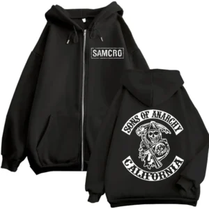 Sons of Anarchy Doppelseitiger Druck-Reißverschluss-Hoodie für Herren und Damen, Gothic-Vintage-Sweatshirt mit Reißverschluss, lässige Mode, übergroße Pullover
