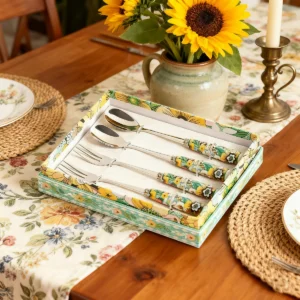 4-teiliges Besteckset Edelstahl Löffel Gabel Dessertlöffel Obstgabel Tafelbesteck Set mit Keramikgriff