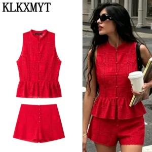 KLKXMYT Damen Sommer-Shorts-Set: Neues modisches Spitzen-Oberteil mit Cut-Outs + High-Street Mid-Waist Freizeit-Shorts-Anzug