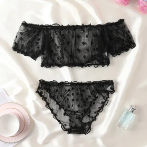 Sexy Frauen Unterwäsche Spitze Punkte Draht Freies Dessous Set Off-Schulter Kleine Brust Bralette + Tanga Beachwear Transparent mesh Bh Set