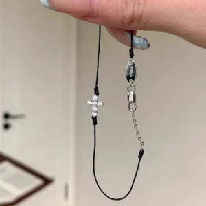 Neues 925er Silber, schwarzes Seil, Kreuzschnur, eingelegt, glänzend, 5A-Zirkon, Vintage-Armband für Frauen und Mädchen, elegant, zart, feiner Schmuck, Geschenk