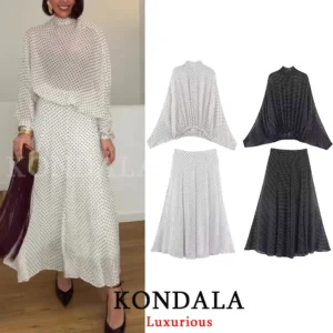 KONDALA Vintage Polka Dot Damen-Sets Chiffon Schleifenbluse Lose Lange Röcke Mode 2026 Frühling Sommer Urlaubsanzüge
