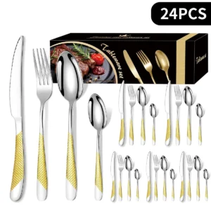 16/24-teiliges goldenes Besteckset aus Edelstahl (Löffel/Gabel/Messer), lebensmittelechtes Geschirrset, spülmaschinenfest und leicht zu reinigen