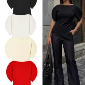 HH Frühling Sommer Damen Casual Asymmetrische T-Shirts Mode Einfarbig Damen O-Ausschnitt Kurze Puffärmel Bluse Büro-Chic Oberteile