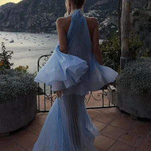 Elegante Rüschen Saum Tops Rock Anzug frauen Hellblau Plissee Ärmellose Spitze-up Weste Lose Lange Rock 2026 frühling Dame Outfit