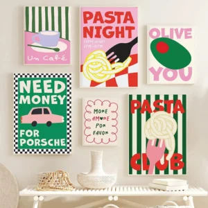 Farbe Lebensmittel Kunst Zitat Poster Pasta Club Leinwand Malerei Wand Drucke Französisch Frites Küche Bilder für Wohnzimmer Café Hause Dekoration