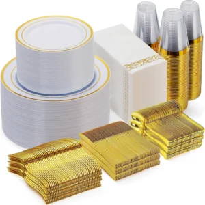700-teiliges Gold-Geschirrset für 100 Gäste, Einweggeschirr für Partys, inklusive: 100 goldrandige Speiseteller, 100 Dessertteller, 10
