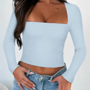 Damen Slim Fit Crop Tops Mode Langarm Square Neck Solid Color Pullover Basic T-Shirt Elegante Blusen 2024 Neue Streetwear
