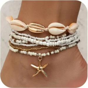 Sommer-Knöchelarmband-Set für Damen, vergoldete verstellbare Fußkettchen mit Boho-Perlen, hawaiianische Strandmuschel, Seestern, Fußschmuck, Geschenke