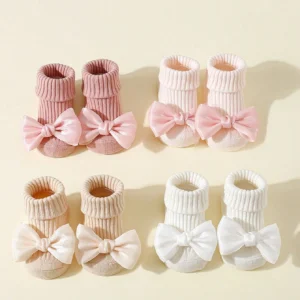 4 Pairs Toddler Socks with Bows, Soft Cotton Cute Ankle Socks for Infants Girls, Fashion Anty-Slip Newborn Baby Socks 0-24 Months