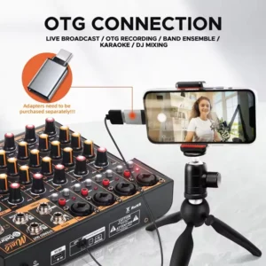 Mini 6 6-Kanal-Audiomischer DJ-Mixer mit Bluetooth 5.0 OTG Reverb 48 V Soundkarte für PC-Aufnahmen, Live-Mixing, US-Stecker