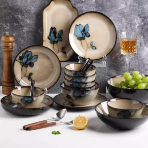 Geschirr-Set im japanischen Stil, bewegliches Haus, kreatives Retro-Schüssel- und Teller-Geschirr-Set, Teller-Schüssel- und Essstäbchen-Set für den Heimgebrauch