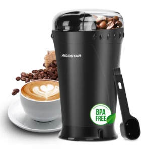 Aigostar Kaffeemühle Elektrisch Gewürzmühle Kaffee Mühle für Kaffeebohnen, Getreide, Gewürze und Nüsse, Edelstahl Schlagmesser, 60g Bohnenbehälter, Elektrische Propellermühlen,150 Watt, Schwarz