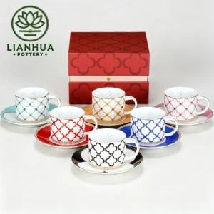 LIANHUA POTTERY Linglong Porzellan Teetasse und Untertasse Set 150ml Kleeblatt-Design, 6 Farben, Jubiläums- und Festgeschenk