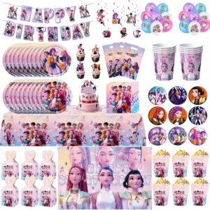 K-Pop Kinder Geburtstagsparty Zubehör All-in-One Deko-Set - Papiergeschirr Becher Süßigkeitenbox Geschenktüten Banner für Festliche Feiern