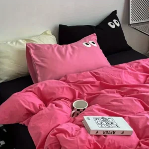 Cute Duvet Cover Set with Sheet Pillowcase No Filler Warm Solid Color Bed Linen Full Queen Size Korean Big Eyes Home Bedding Set