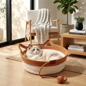 35/40/46cm Handgewebter Baumwollseil-Katzenkorb mit Katzenohren-Griffen und Ballspielzeug, Indoor-Katzennest, Schlafkorb