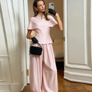 Modisches V-Ausschnitt-Oberteil mit Laternenhose Set für Damen – Einfarbige Kurzarm-Tops und lockere Weithosen – Sommer 2026 Freizeit-Outfit für Damen