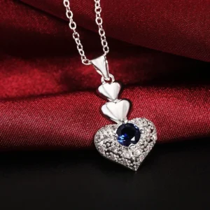 Heiße Mode-Halskette aus 925er-Sterlingsilber mit klassischem blauem Kristall-Herz-Anhänger für Frauen, Weihnachtsgeschenke, Hochzeits- und Party-Schmuck