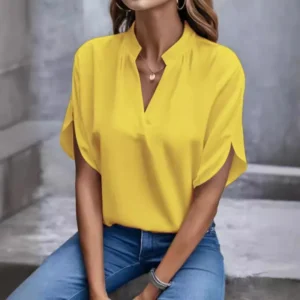 V-Ausschnitt Kurzarm Lockere Bluse Damen Casual Einfarbiges Oberteil Büro-Dame Elegantes Sommer-Shirt Übergröße Pullover Tops