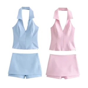 Zweifarbiges Sport-Freizeit-Set für Damen im Sommer, rückenfreies Neckholder-Top mit passendem kurzem Skort, perfekt für Outdoor-Aktivitäten