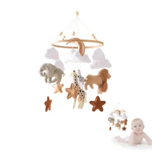 Babymobile mit Holzrasseln und weichen Filz-Tierfiguren, Musikbox und Hängespielzeug für Neugeborene, inklusive Bettbügel – Babygeschenke